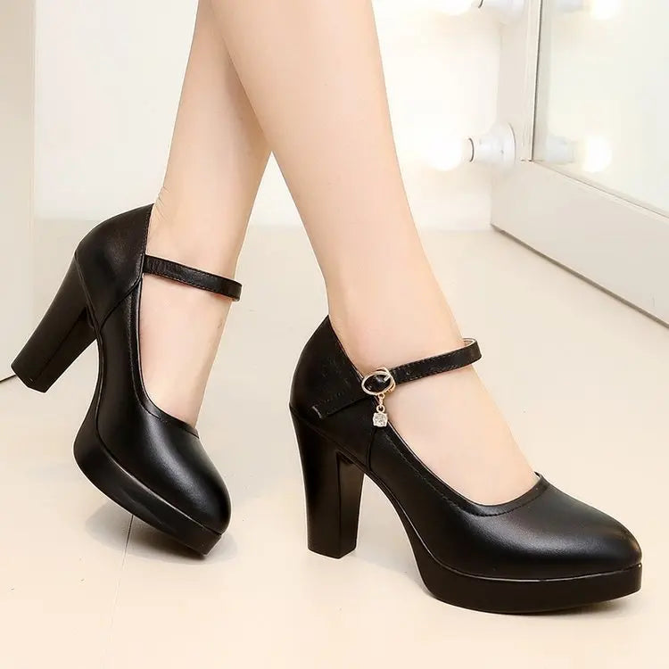 High Heels Platform Pumps Spring New Fashion Buckle Solid Black Shoes Woman PU Leather Waterproof Shoes Femme