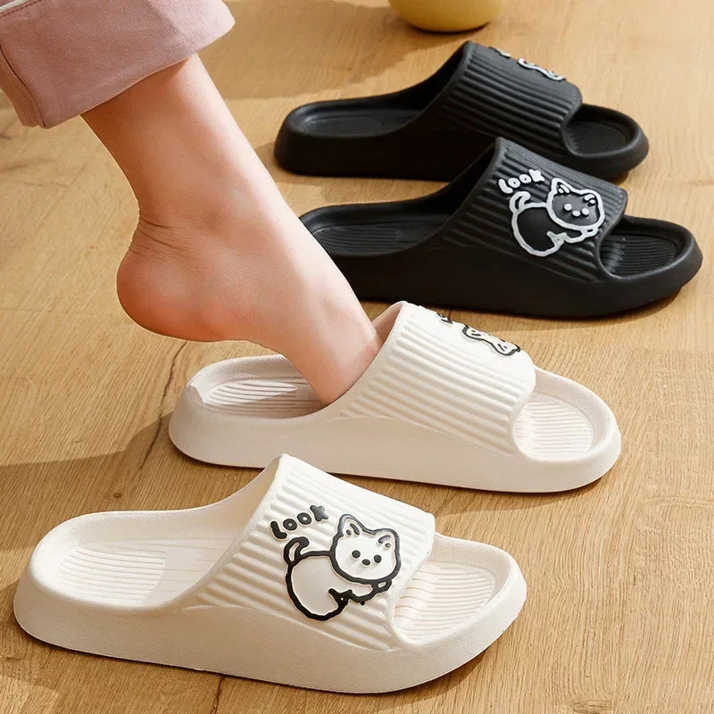 Summer Women Slippers Bath Thick Platform Non-Slip Home Cat Cartoon Flip Flops Beach Sandals Ladies Slides Indoor Outdoor