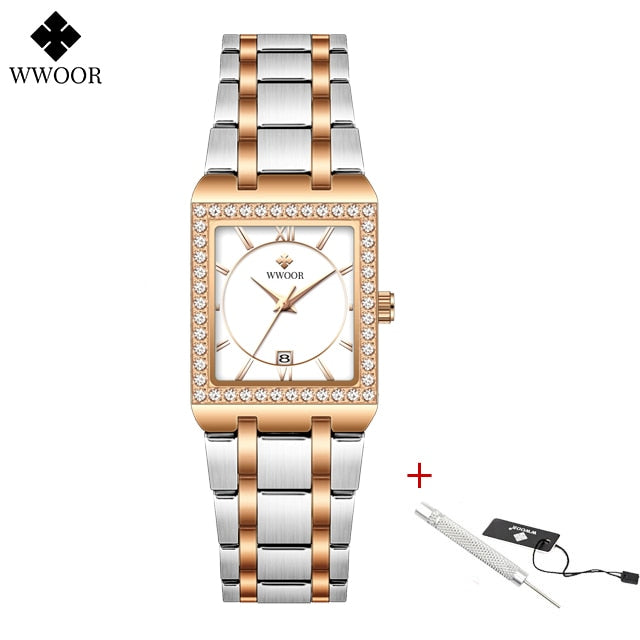 New Fashion Ladies Diamond Watch Top Brand Luxury Square Wrist Watch Simple Women Dress Small Watch Relogio Feminino Silver rose white