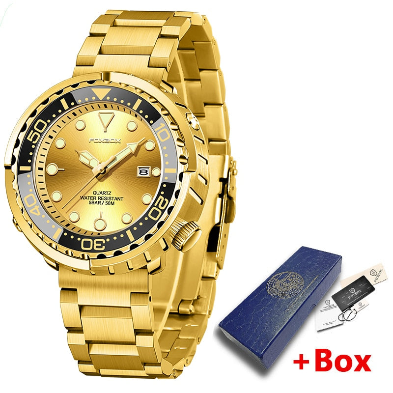 New Men Watches 5ATM Sports Waterproof Quartz Wristwatch Luminous Clock with Steel Bezel Watch for Men Relogio Masculino+Box Gold-03L