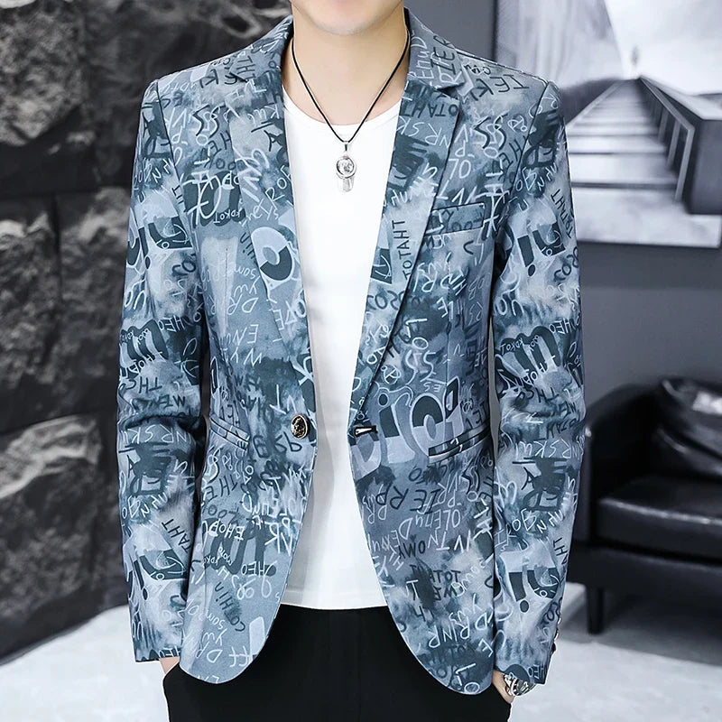 New Letter Printing Men Slim Fit High Quality Homme Social Printing Blazer black, Asian XL is Eur M