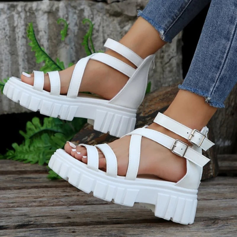 High Heels Roman Sandals for Women 2024 Summer Ankle Strap Sandals Woman Strap Thick Heeled Party Shoes