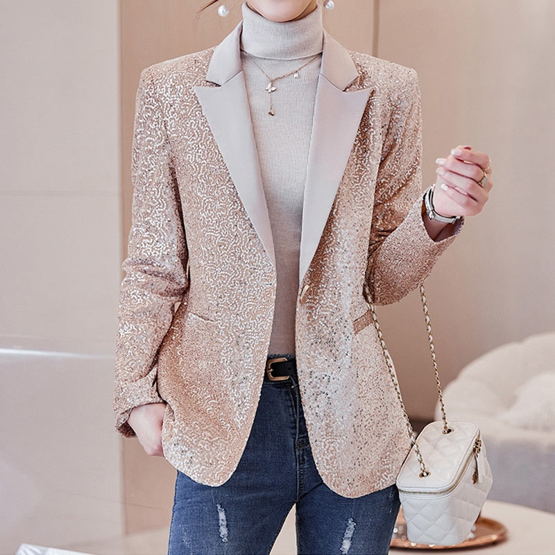 New Women Sequin Blazer Suits Fashion Elegant Single Button Jacket Basic Coat Club Fall Clothes Champagne, S