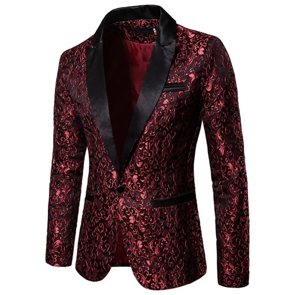 New Luxury Men Blazer Jacquard Single Button Slim Fit Turndown Collar Blazer Red, XL