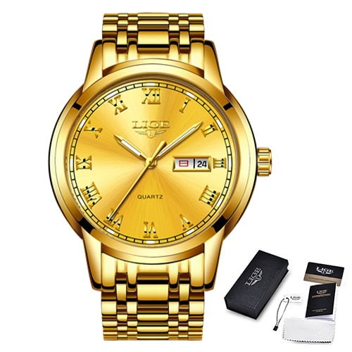 LIGE Stainless Steel Watch Luxury Men Watches Date Watch for Men Business Wirstwatchs Men Waterproof Quartz Watches Classic Clock gold, China