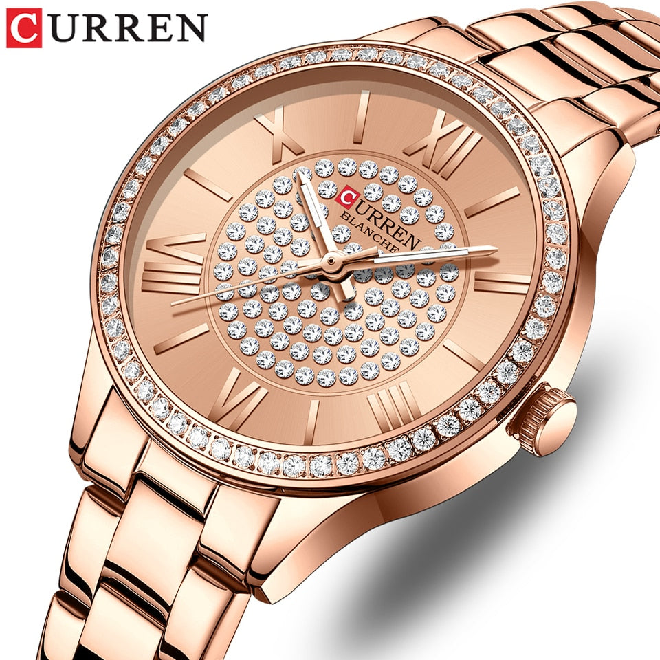 Rhinestones Rose Dial Fashion Watches with Stainless Steel Band New Quartz Wristwatches for Women