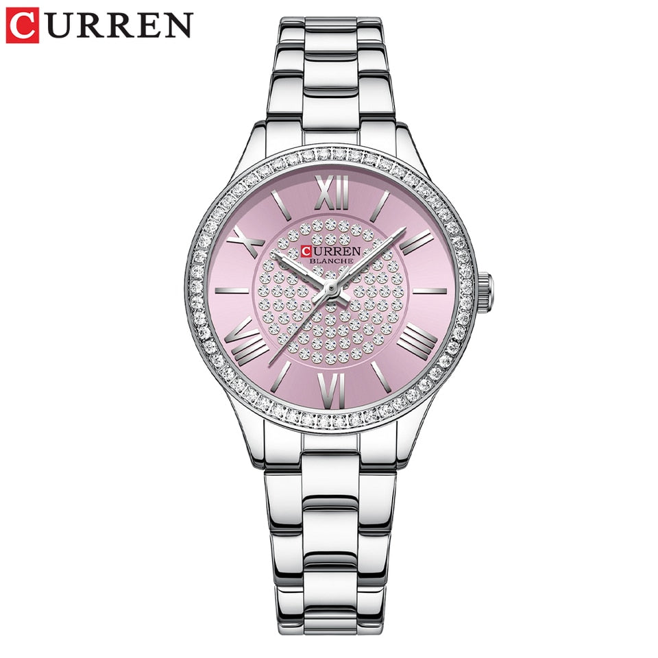 Rhinestones Rose Dial Fashion Watches with Stainless Steel Band New Quartz Wristwatches for Women