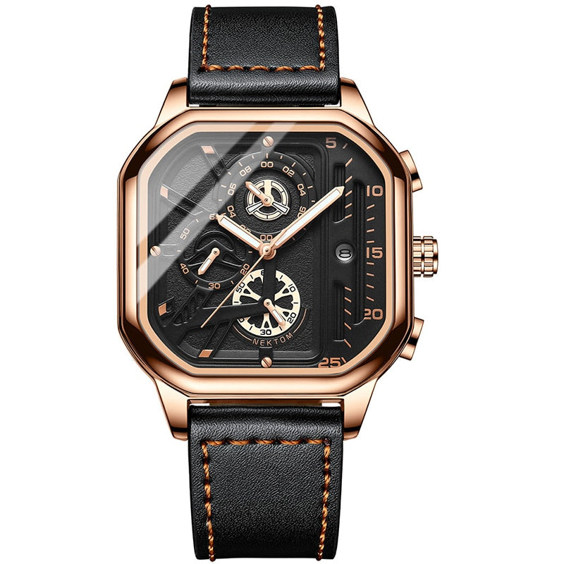 Square Chronograph Casual Fashion Sports Wrist Watch For Men Leather Clock Luxury Business Wristwatch Waterproof Date Watch