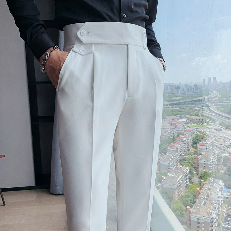 New Men British Style Autumn New Solid High Waist Trousers Men Formal Pants High Quality Slim Fit Business Casual Suit Pants Hommes 03 White, 32, China