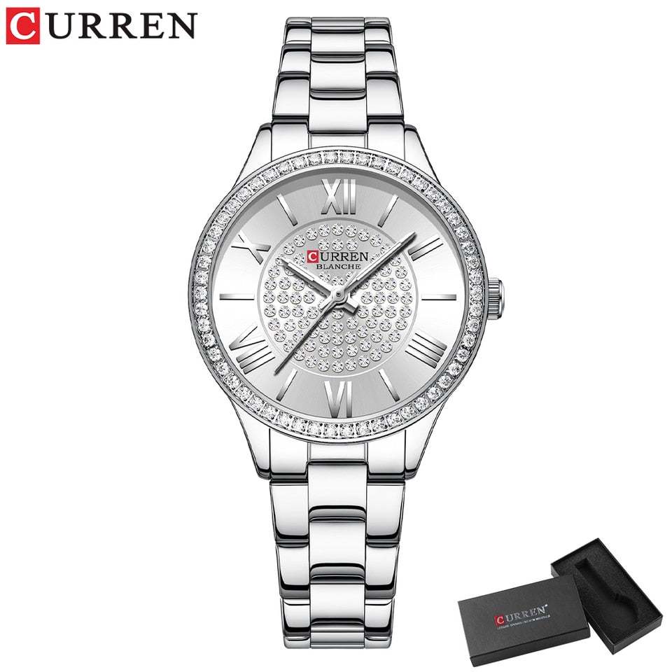 Rhinestones Rose Dial Fashion Watches with Stainless Steel Band New Quartz Wristwatches for Women