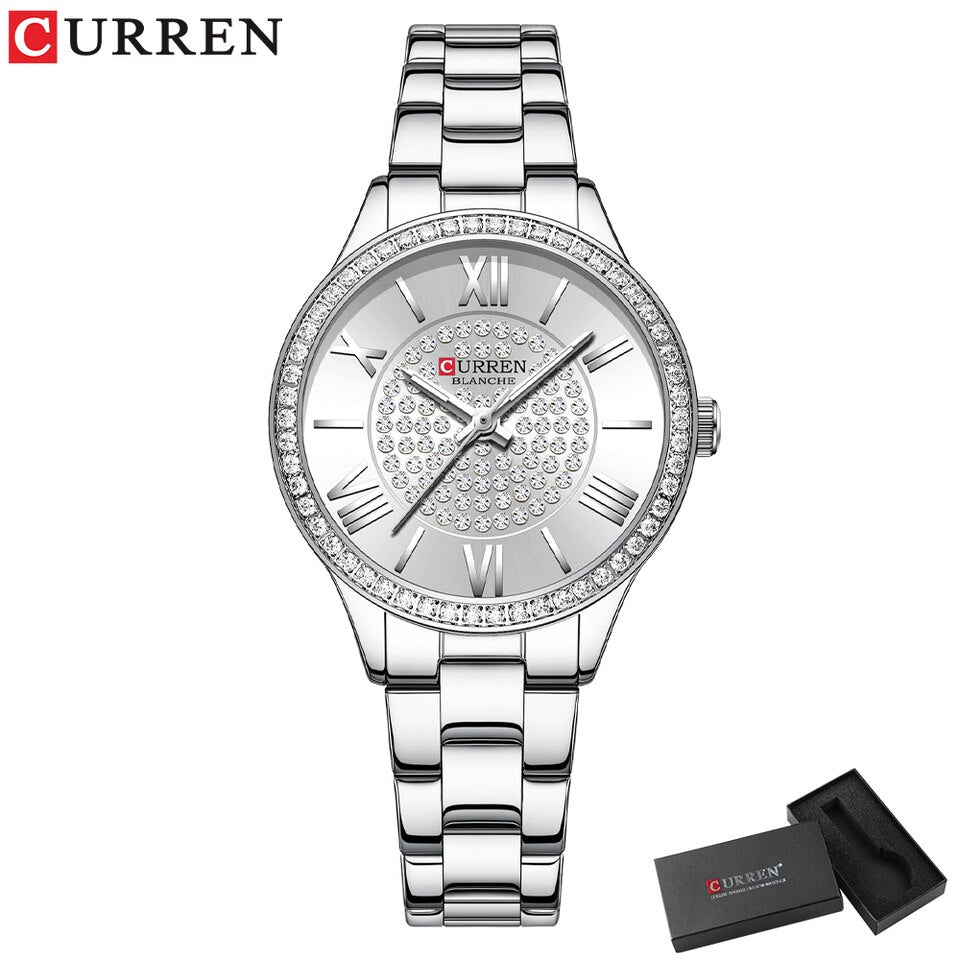 CURREN Luxury Rhinestones Rose Dial Fashion Watches with Stainless Steel Band New Quartz Wristwatches for Women