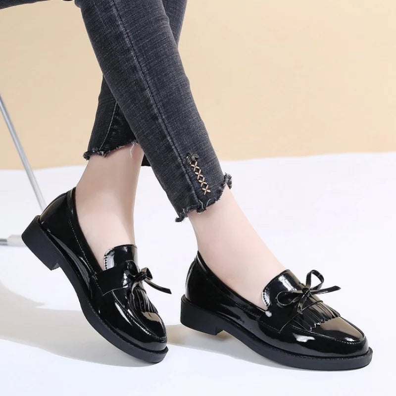 Leather Loafers Women's Black Patent Platform Slip on Shoes for Women New Spring British Tassel Casual Bowknot Flats Shoes