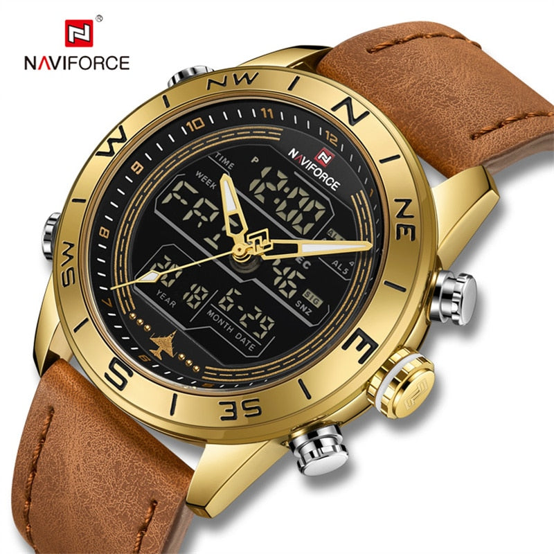 Luxury Brand Men NAVIFORCE 9144 Army Military Watch Digital Leather Sport waterproof Watches Quartz Men Clock Relogio Masculino