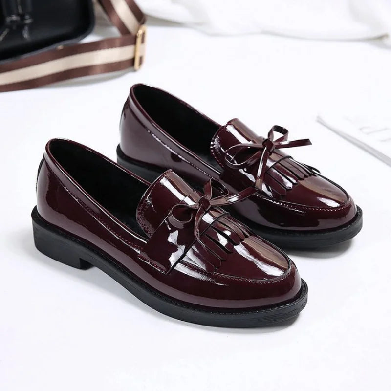 Leather Loafers Women's Black Patent Platform Slip on Shoes for Women New Spring British Tassel Casual Bowknot Flats Shoes