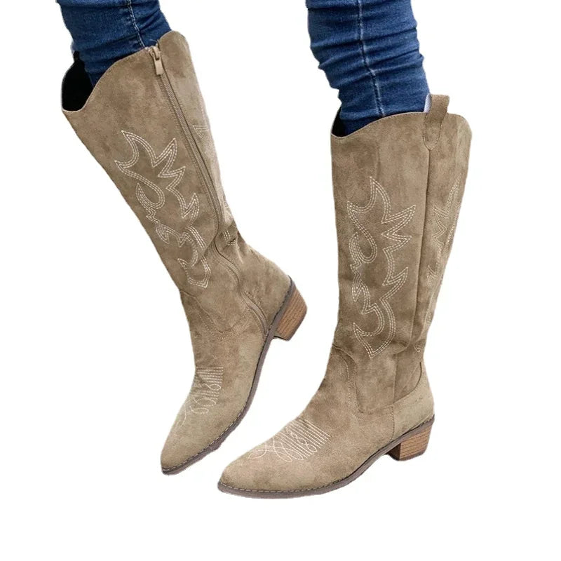 Embroidered Western Cowboy Boots for Women Autumn Pointed Toe Thick Heel High Knee Boots Woman Loose PU Leather Long Botas