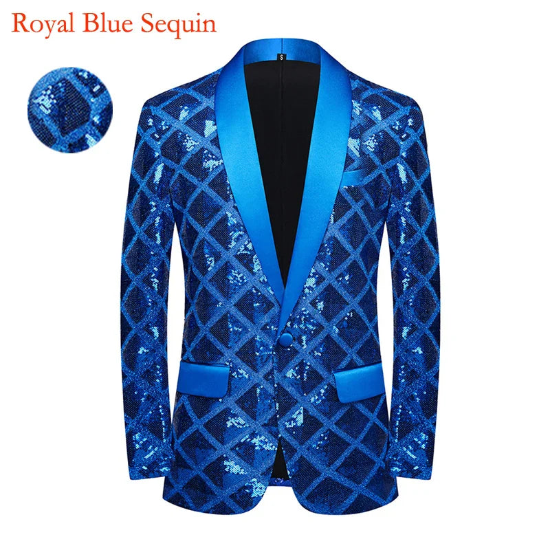 New Men Luxury Wave Striped Gold Sequin Blazer Shawl Lapel One Button Shiny Wedding Party Dinner Tuxedo Blazer Partten 15, US XS