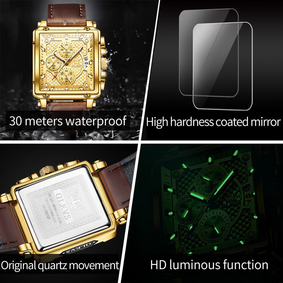 New Men Watches Luxury Square Quartz Wrist Watch Original Waterproof Luminous Chronograph Watch for Men Relogio