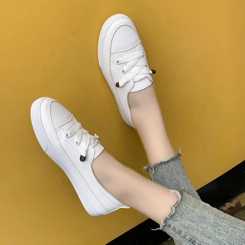 Women Leather Sneakers White Flat Casual Shoes Lace-up Comfortable Walking Shoes High Quality Ladies Sports Footwear