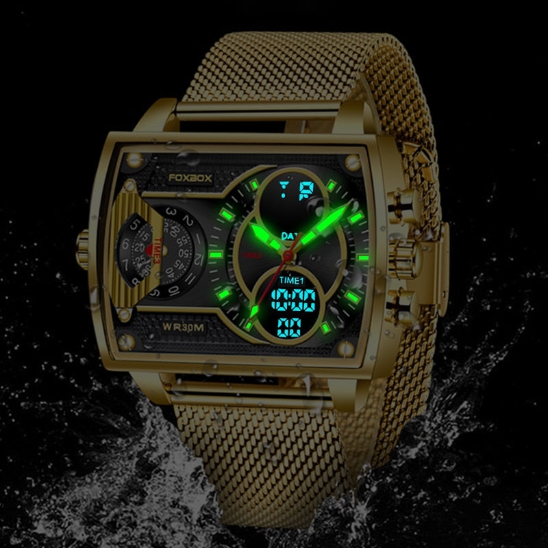 New Men Watch FOXBOX Fashion Square Watch Men Casual Sports Waterproof Double Display Watch Relogio Masculino