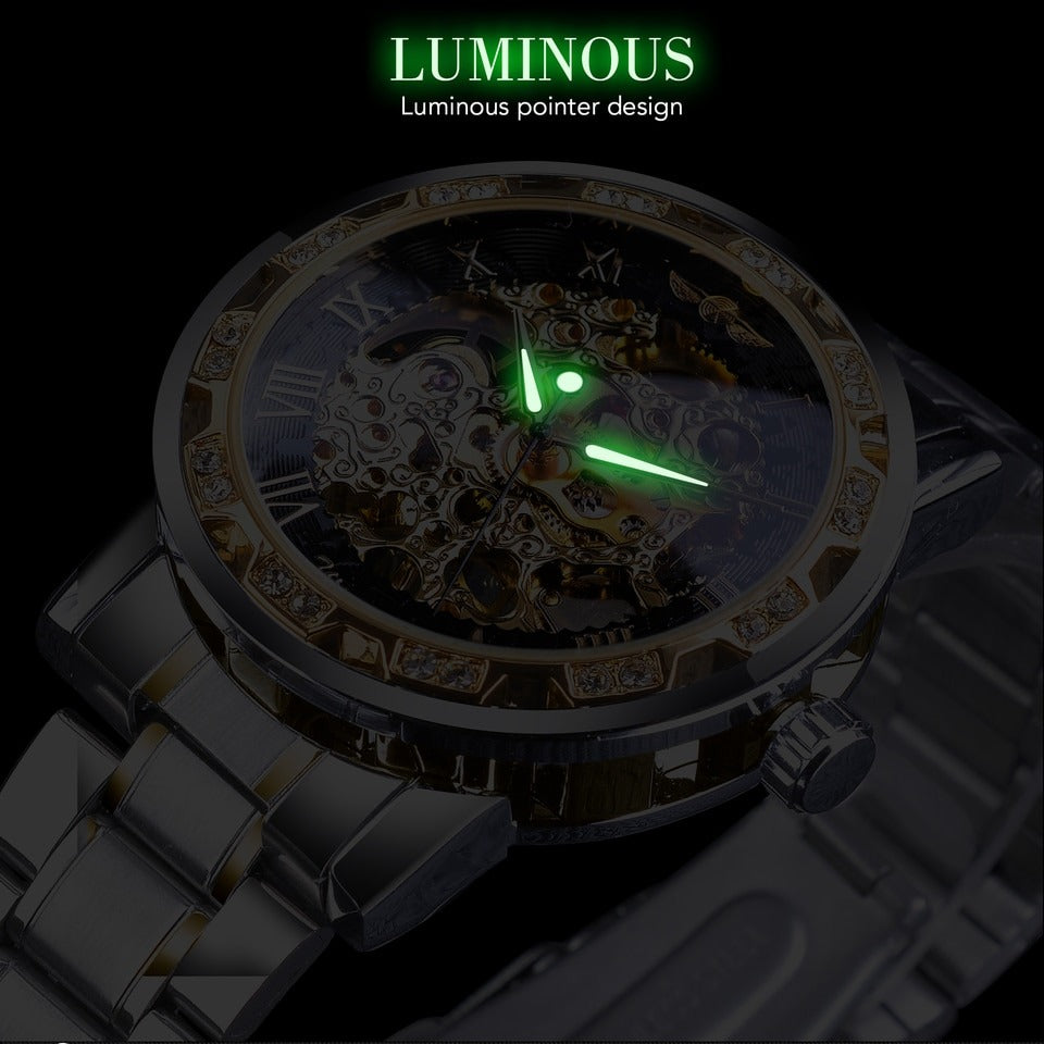 New Men Mechanical Skeleton Wrist Watch Winner Transparent Fashion Diamond Luminous Gear Movement Royal Design Men Top Brand Luxury Male