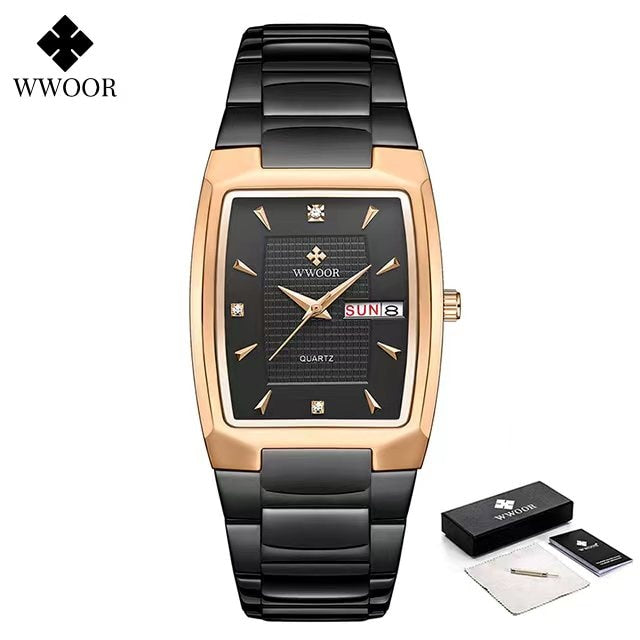 Men's Wristwatch  WWOOR Brand Luxury Quartz Watch Waterproof Business Male Date Clock Casual Fashion Black Relogio Masculino black rose box