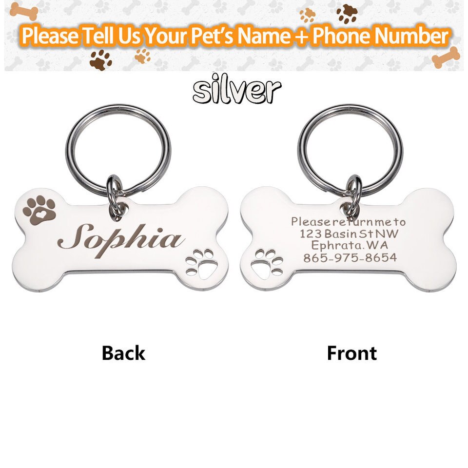 Personalized Dog ID Tag Mirror Name Plate Anti-Lost Pet Collar Pendant Free Engraving Customized Cat Kitten ID Tag Wholesale Sliver, 40X21MM