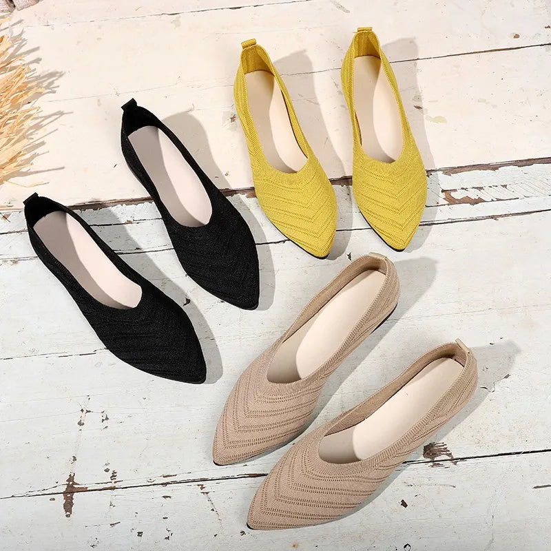 Women Pointed Toe Flat Shoes Solid Color Knitted Slip on Shoes Casual Breathable Ballet Flats Women Flat Shoes Loafers Women