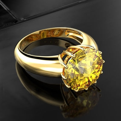 12MM Round Top Quality Gemstone Gold Color Luxury Women Wedding Engagement Rings 925 Sterling Silver Jewelry Ring