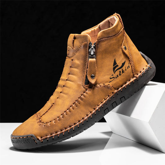 Men's Ankle Boots Casual Loafers Oxfords Shoes Solid Color Sewing Style Vintage Leather Hand Stitching Daily Work Office Shoes