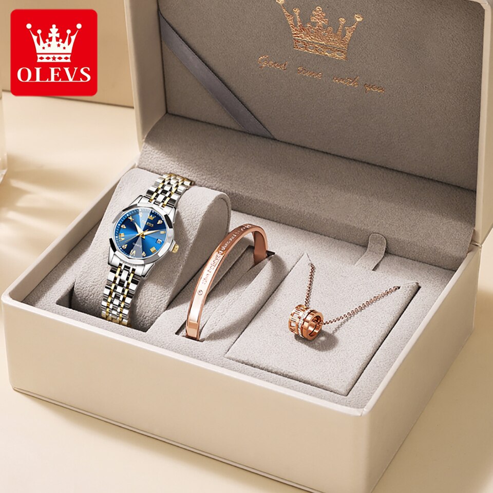 OLEVS Quartz Watch for Women Solid Stainless Steel Strap Rhombus Design Elegant Ladies Wristwatch Bracelet Necklace Gift Box Set