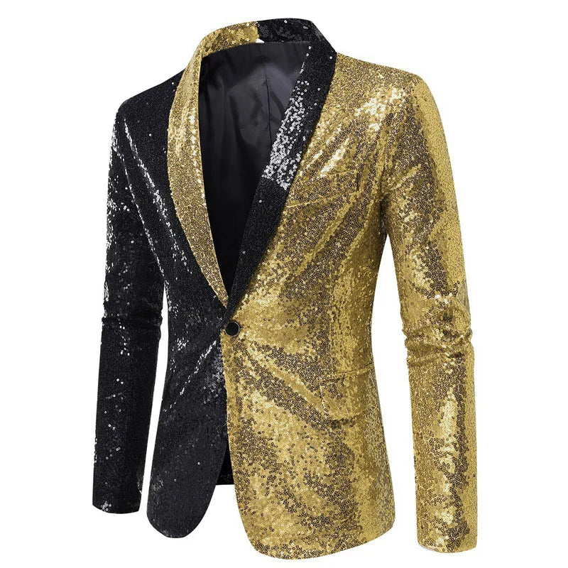 New Shiny Sequin Glitter Blazer for Men One Button Peak Collar Tuxedo Wedding Groom Party Prom Stage Costume Homme X22 Black Gold, US Size XXL