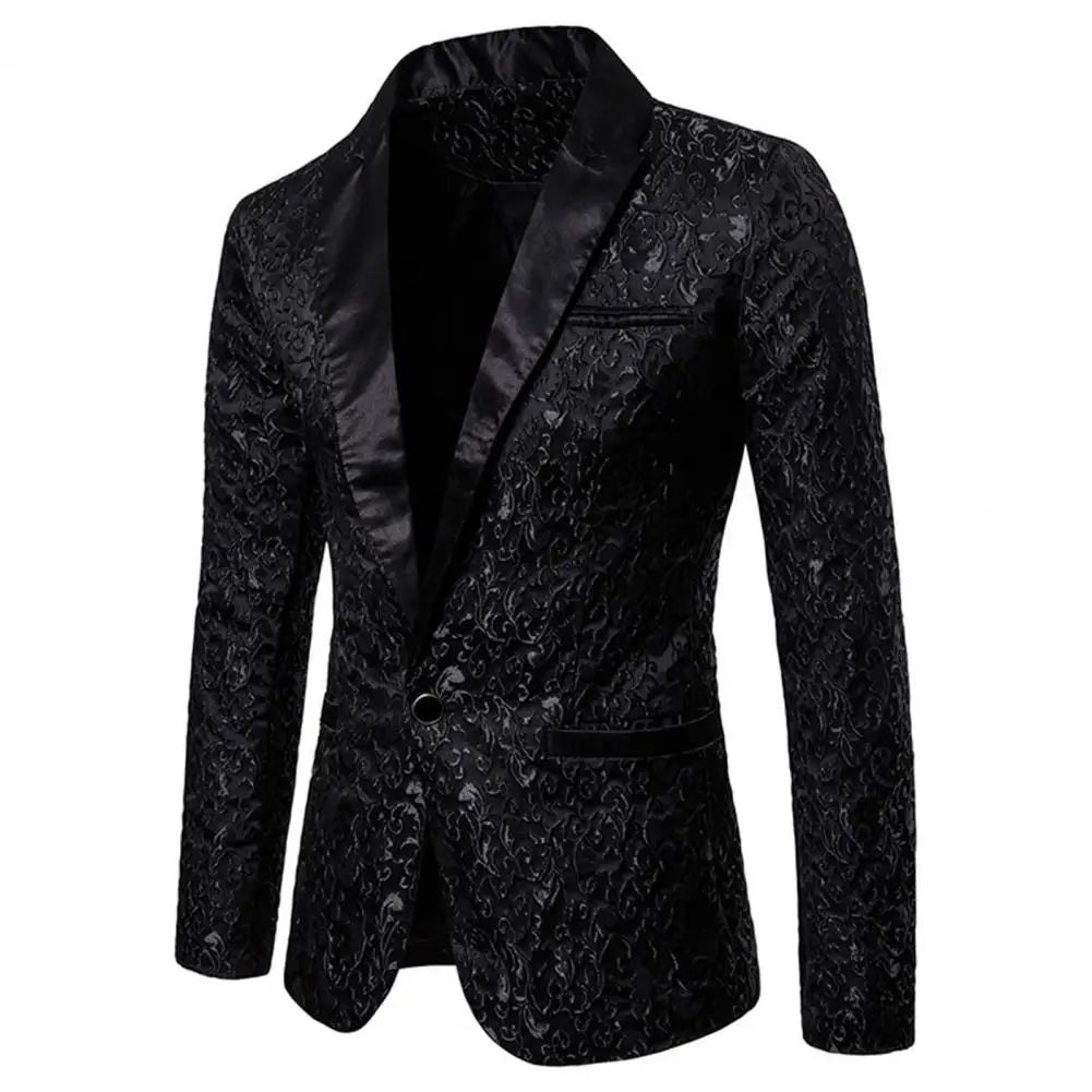 New Luxury Men Blazer Jacquard Single Button Slim Fit Turndown Collar Blazer black, 2XL