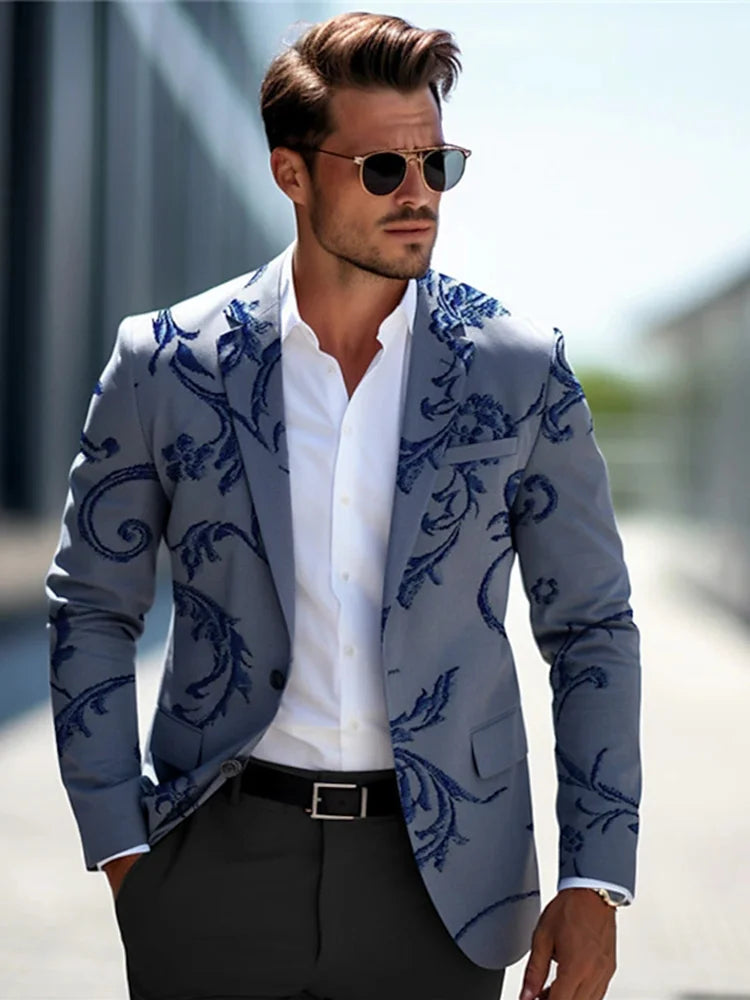 New Flower Vine Boutique Men Casual Printed Suit Business Casual Indoor Office Outdoor blue, M