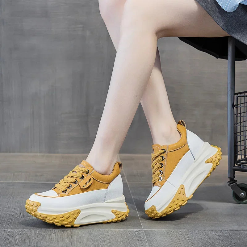 Genuine Leather Platform Wedge Fashion Women Spring Summer Autumn Chunky Sneakers Shoes Breathable Comfortable