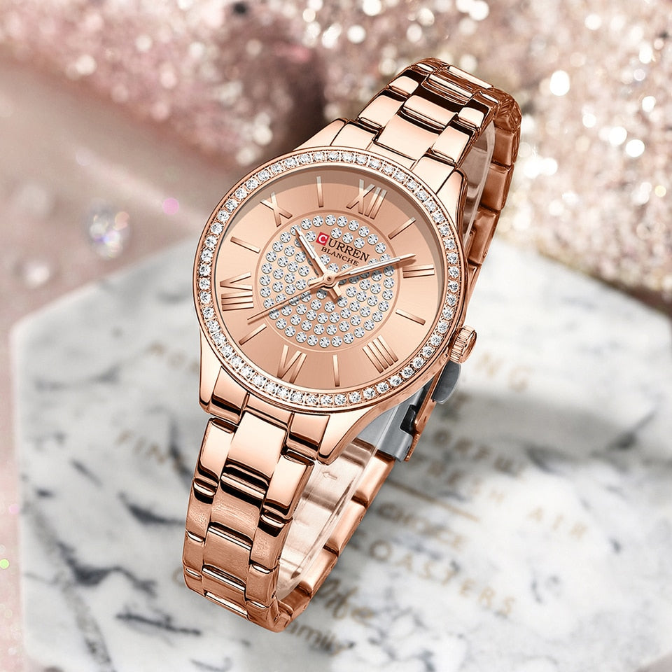 Rhinestones Rose Dial Fashion Watches with Stainless Steel Band New Quartz Wristwatches for Women