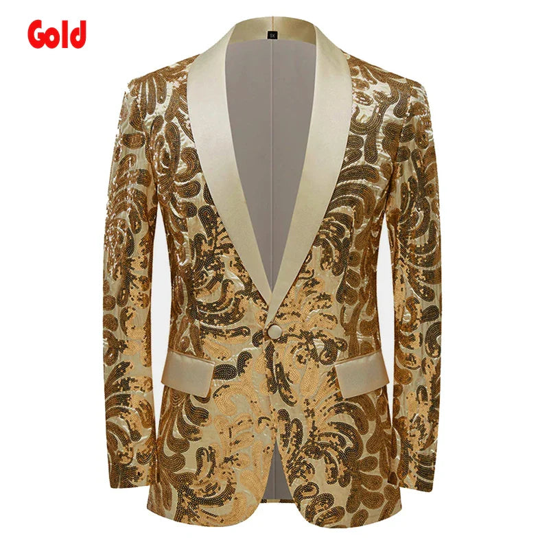 New Men Shiny Sequins Blazer Floral One Button Shawl Lapel Tuxedo Blazers Party Wedding Gold, US M