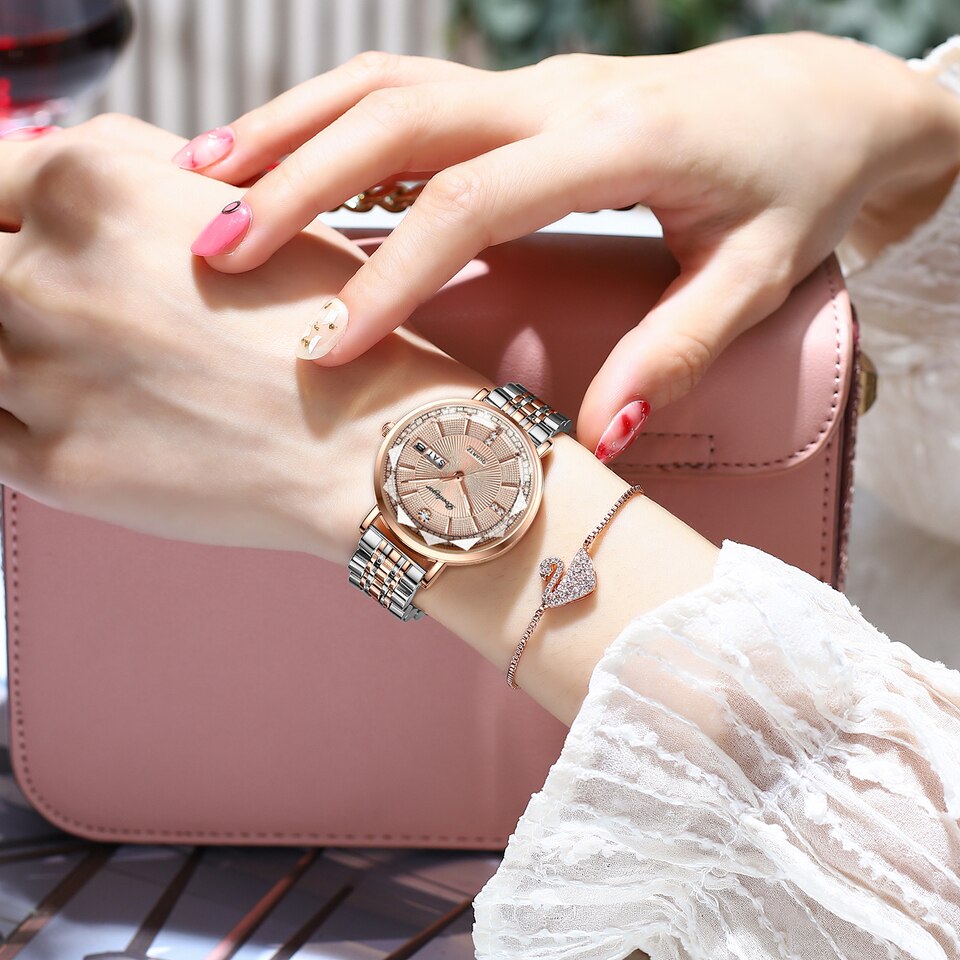 New Women Watch Rose Gold Fashion Quartz Watches Top Brand Luxury Ladies Wristwatch Waterproof Date Week Girlfriend Gift