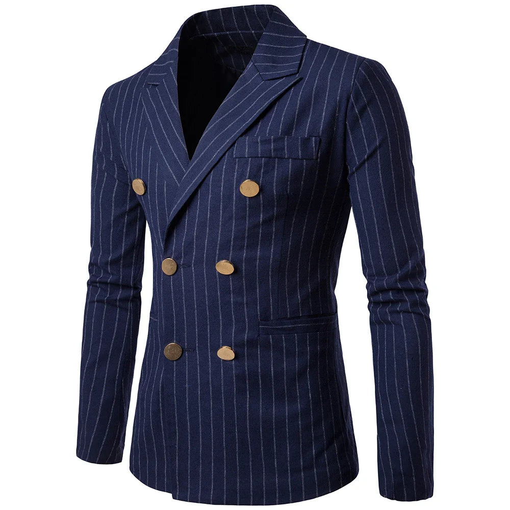 New Men Long Sleeve Blazer Stripe Pattern Decorative Chest Pocket Design Blue, XXL, CHINA