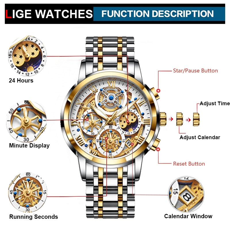 Men Watch Top Brand Original Sports Quartz Mens Watches Full Steel Waterproof Chronograph Wristwatch Men Relogio Masculino