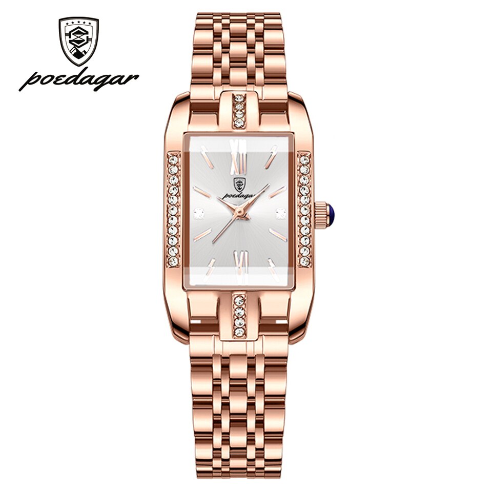 POEDAGAR High Quality Diamond Watch Top Brand Luxury Fashion Business Rectangle Waterproof Quartz Ladies Watches Stainless Steel Gold White Steel