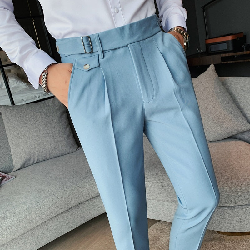 New Men British Style Autumn New Solid High Waist Trousers Men Formal Pants High Quality Slim Fit Business Casual Suit Pants Hommes 12 Sky blue, 29, China