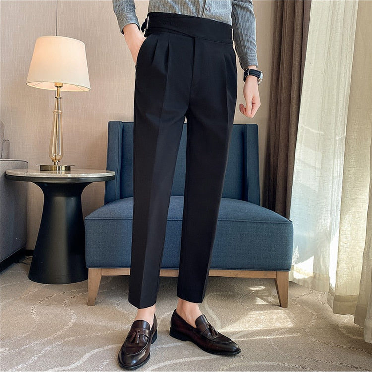 New Men British Style Autumn New Solid High Waist Trousers Men Formal Pants High Quality Slim Fit Business Casual Suit Pants Hommes A20 Black, 32, China