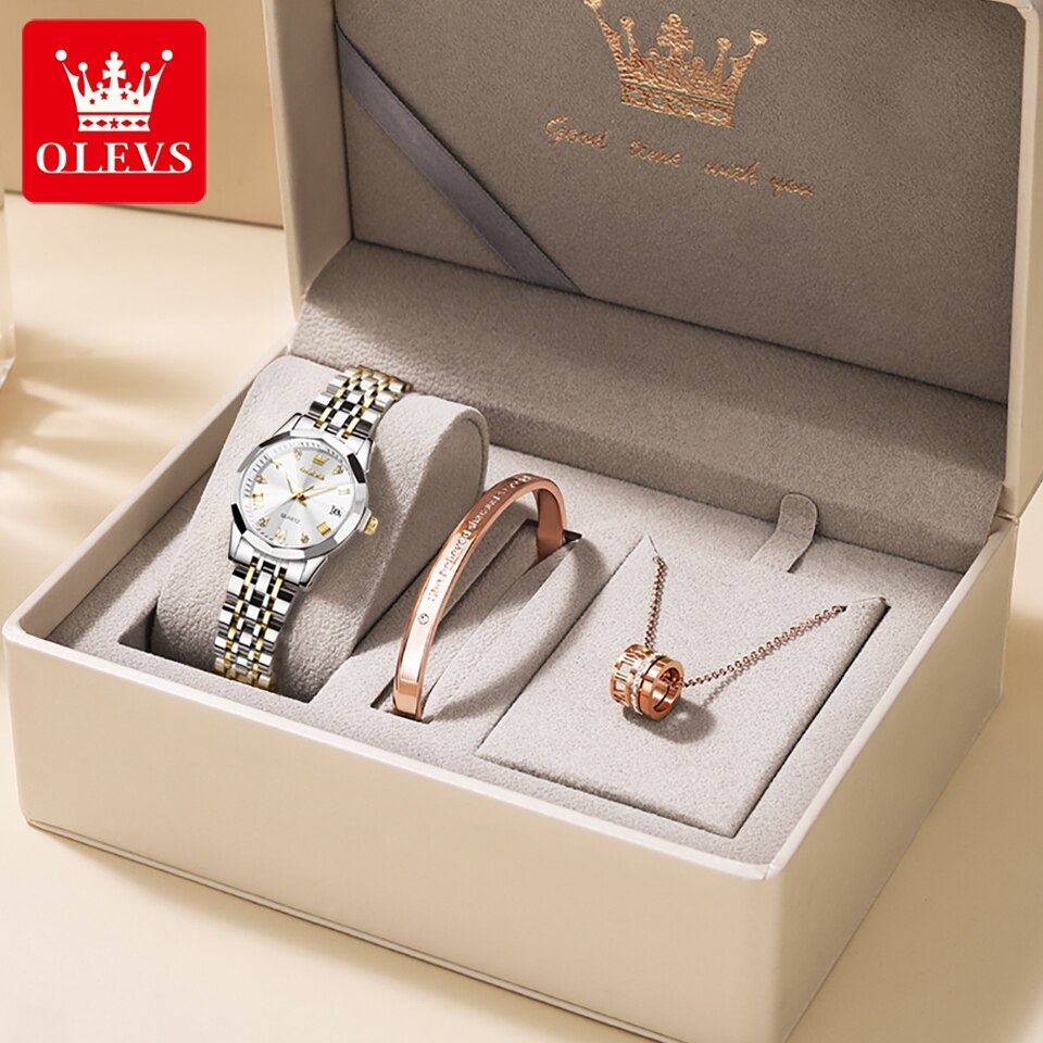 OLEVS Quartz Watch for Women Solid Stainless Steel Strap Rhombus Design Elegant Ladies Wristwatch Bracelet Necklace Gift Box Set