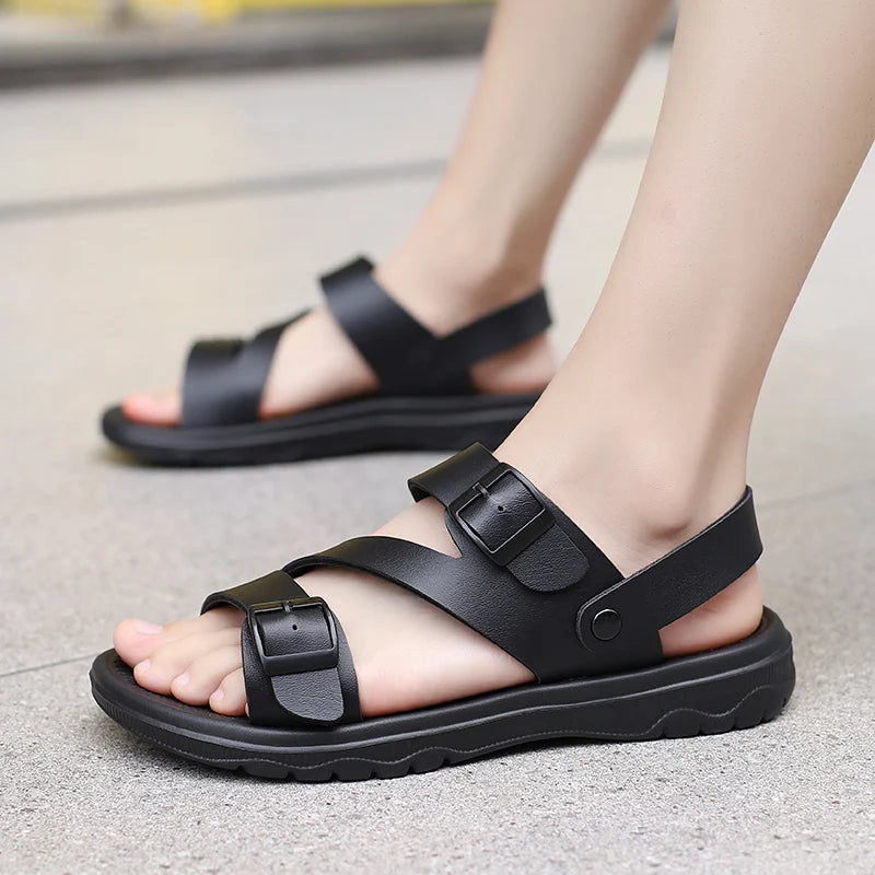 Men PU Leather Sandals Slip-on Summer Breathable Slippers Open Toe Casual Outdoor Walking Shoes Plus Size Beach Sandals for Male