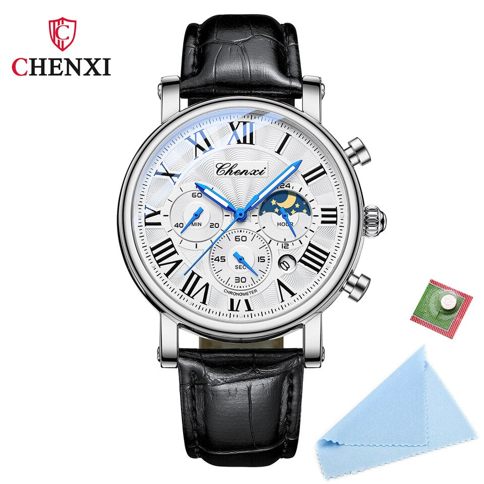 New Watches Men Top Brand Luxury Leather Strap Date Quartz Clock Male Waterproof Chronograph Men Watch Business Fashion silver white