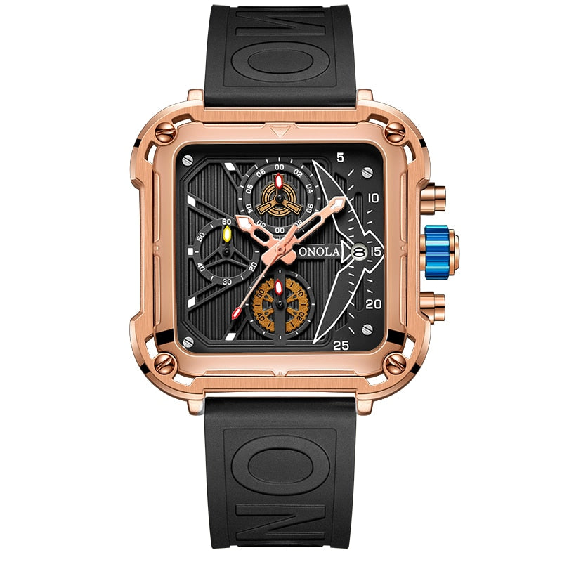 Men Unique Square Design Luxury Quartz Sports Tape Watches Men Waterproof ON6831 rose black