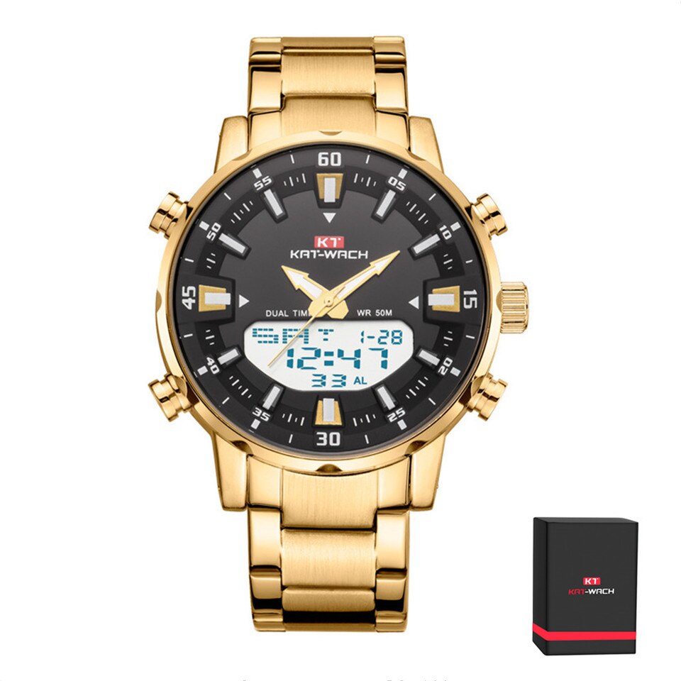 In Stock KAT-WACH Watch Male Sports Digital Watches Men Waterproof Steel Military Quartz Wristwatch For Men Relogio Masculino Steel Gold Box