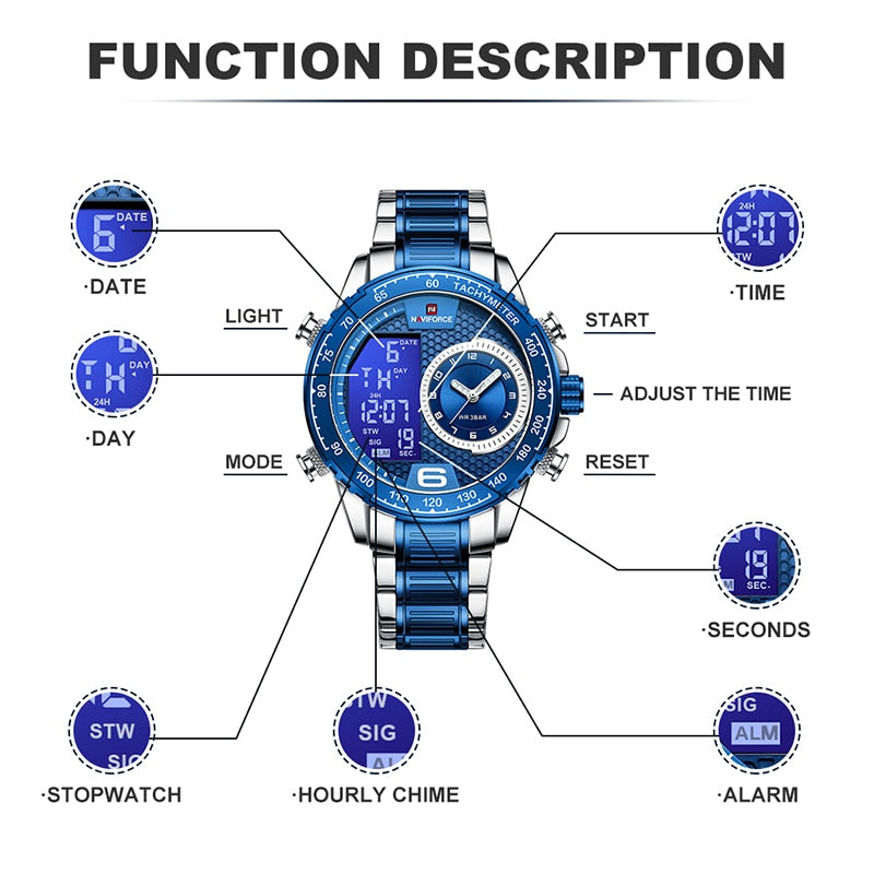 NAVIFORCE Luxury Brand New Watch for Men Stainless Steel Dual Display Quartz Wrist Watches Waterproof Military Sports Male Clock