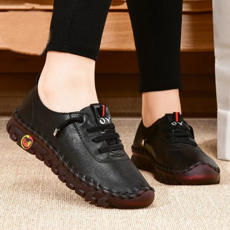 Sneakers Women Leather Loafers Comfortable Slip on Hand Sewing Thread Mom Spring Autumn Flats Shoe Adult Rubber PU Basic Casual