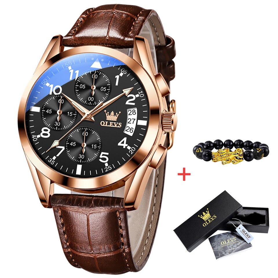 OLEVS 2878 Quartz Men Watch Classic Waterproof Luminous Wristwatch Leather Strap Date Display Luxury Top Brand Watch for Men gold black face